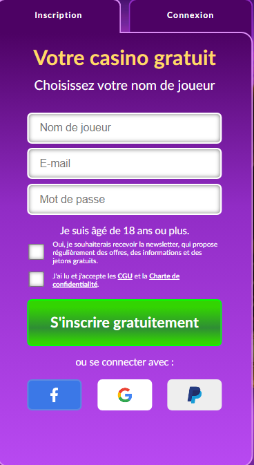 formulaire d'inscription dans l'application Casino MyJackpot